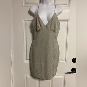 T31a- DIVIDED Gray Metallic V-Neck Crossed Spaghetti Slip Dress